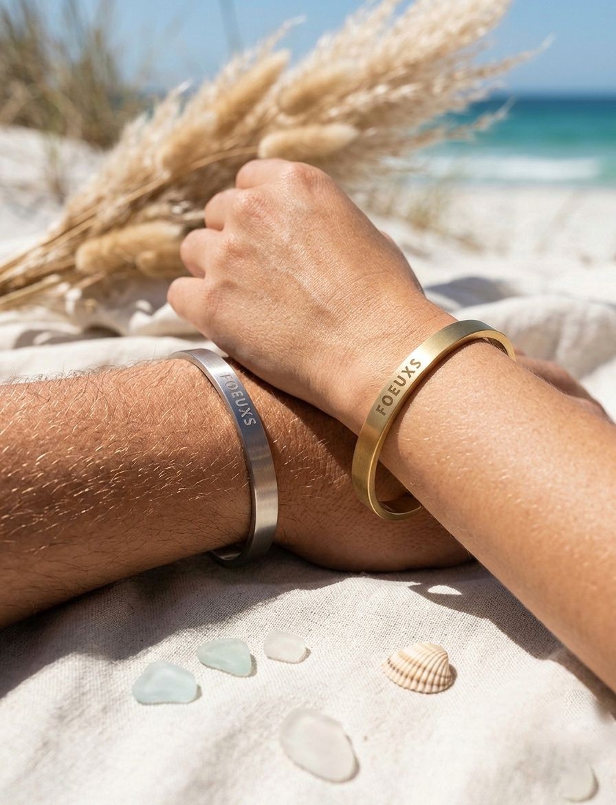 Two FOEUXS bracelets styled at the beach